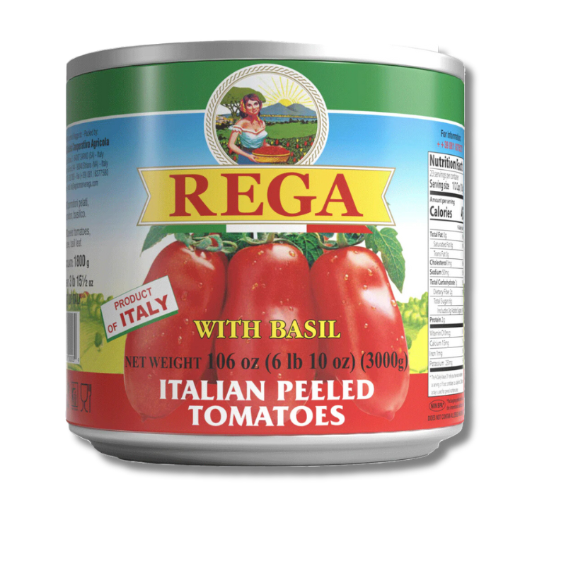 Rega Whole Peeled Plum Tomatoes with Basil | 105oz Can | 6 Cans Per Case – Italy