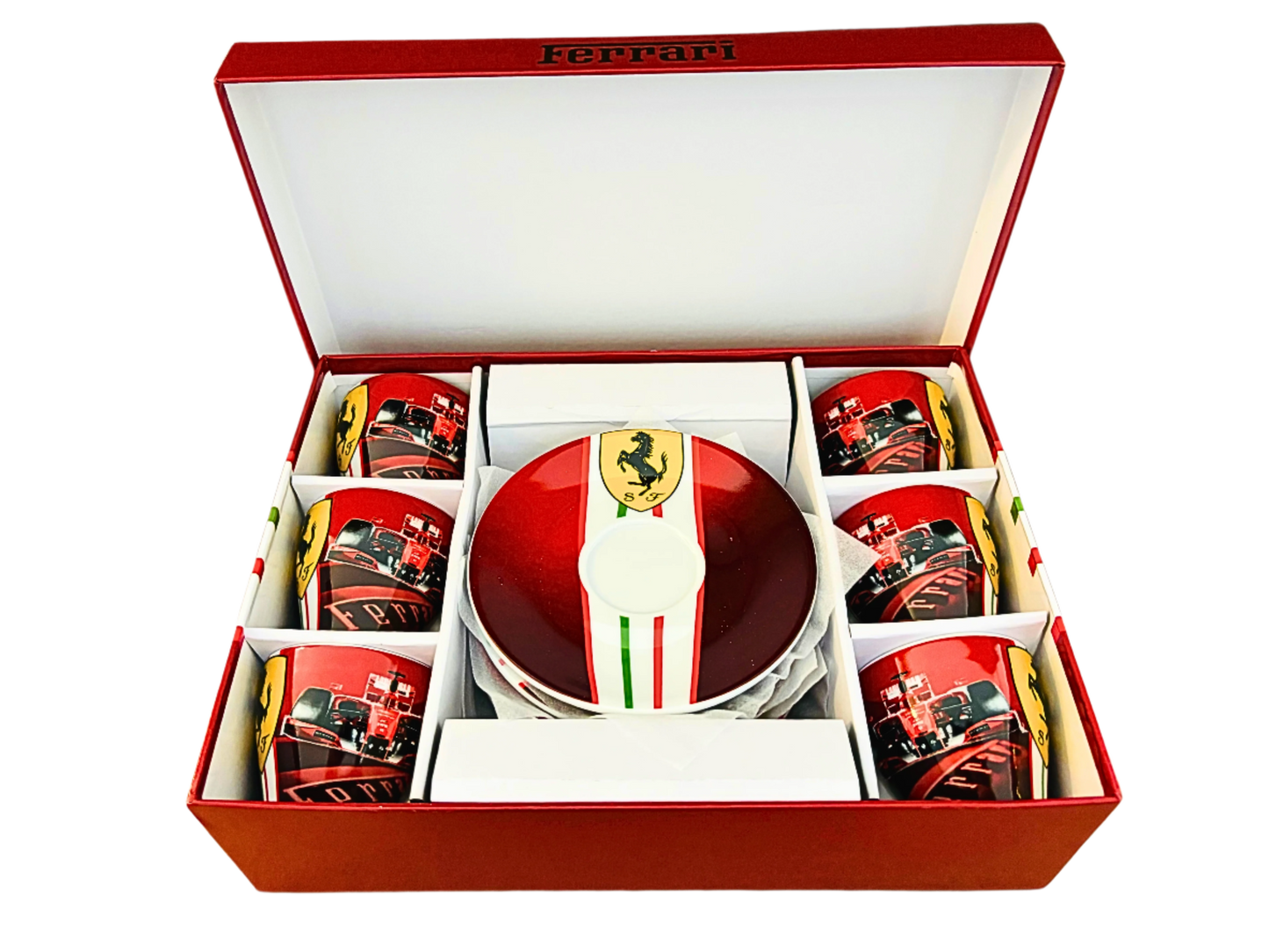 Set of Six Scuderia Ferrari Espresso cups and Saucers Formula One Race Car team. Made in Italy.
