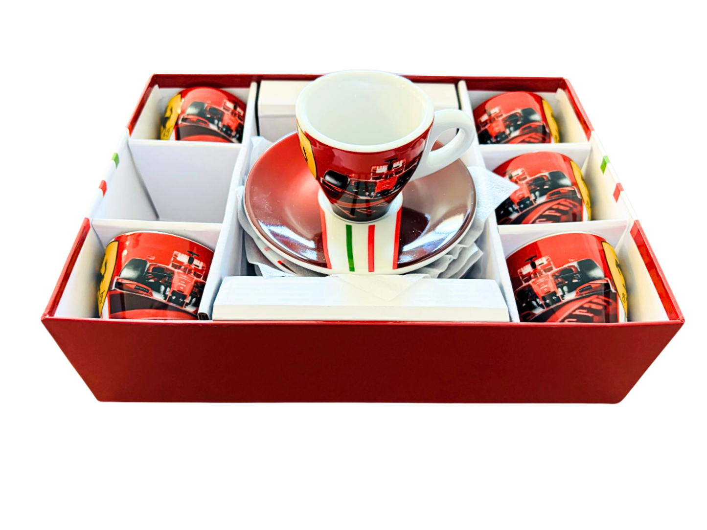 Set of Six Scuderia Ferrari Espresso cups and Saucers Formula One Race Car team. Made in Italy.