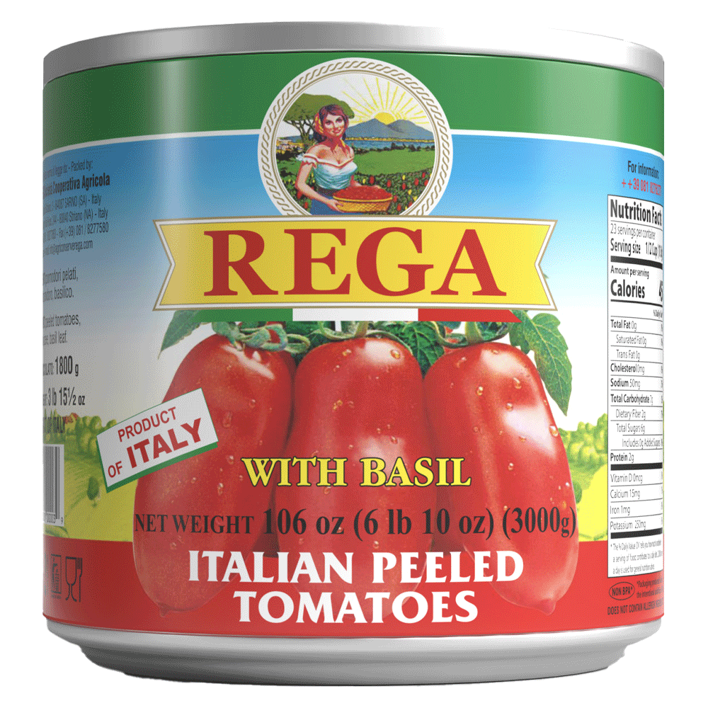 Rega Whole Peeled Plum Tomatoes with Basil | 105oz Can | 6 Cans Per Case – Italy