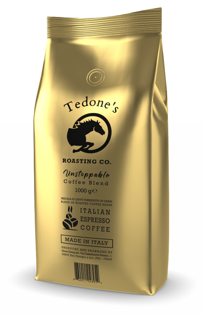 Whole Bean Espresso Coffee Beans - UNSTOPPABLE Blend in 1kg packaging, showcasing premium Arabica & Robusta beans, medium roast with honey & brown sugar notes