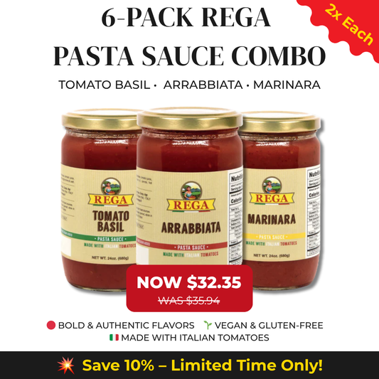 Rega Premium Italian Pasta Sauce Combo – 6-Pack (2x Arrabbiata, 2x Tomato Basil, 2x Marinara) | Authentic, Rich & Gluten-Free