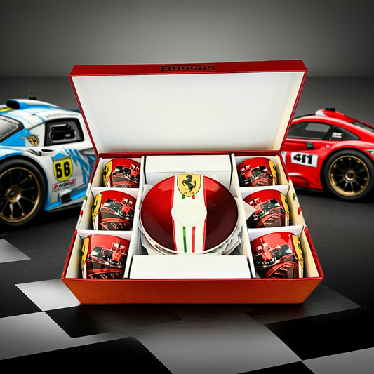 Set of Six Scuderia Ferrari Espresso cups and Saucers Formula One Race Car team. Made in Italy.