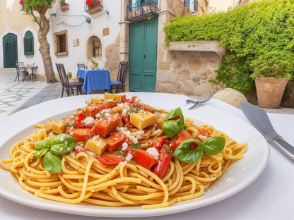 Italian village trattoria pasta with tomatoes and basil — serving inspiration for REGA cherry tomatoes