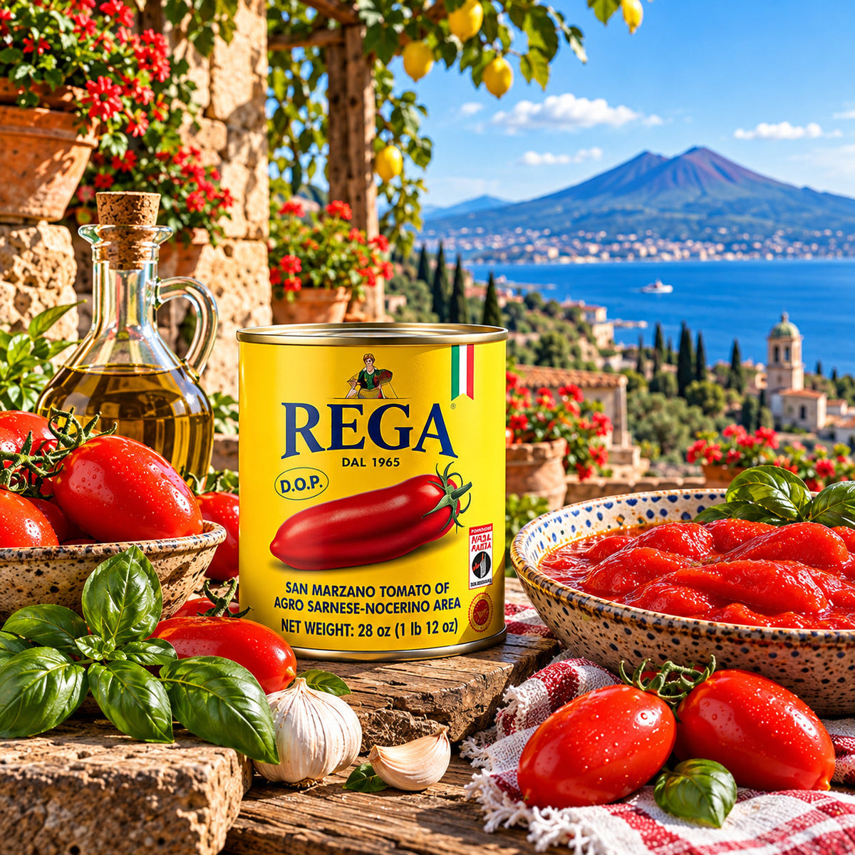 REGA San Marzano DOP 28oz — sunlit Italian farmhouse lifestyle scene