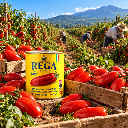 REGA San Marzano DOP 28oz — whole San Marzano tomato harvest lifestyle scene