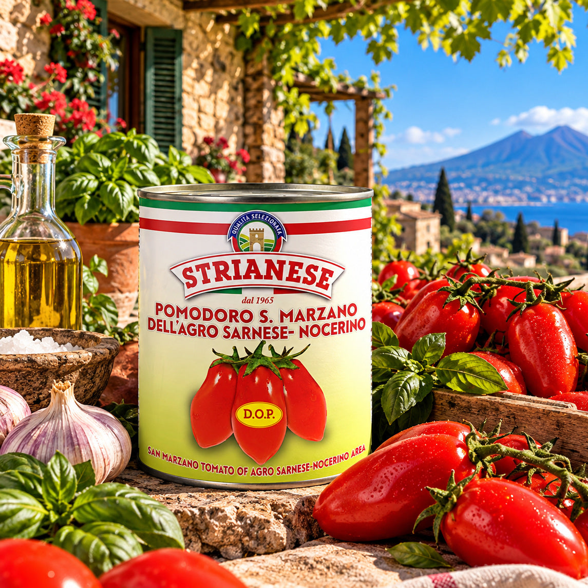 Strianese San Marzano DOP 28oz — sunlit Italian farmhouse lifestyle scene