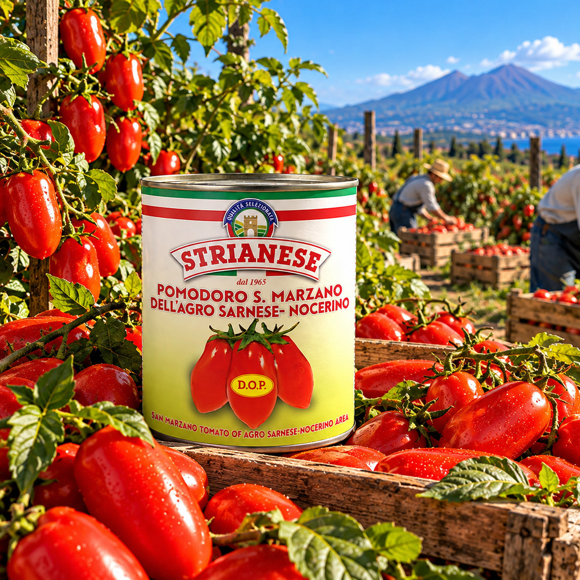 Strianese San Marzano DOP 28oz — whole San Marzano tomato harvest lifestyle scene